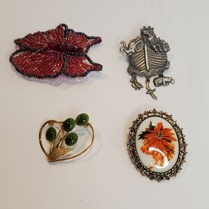 Vintage Brooch Set Of 4 with Floral and Beaded Designs